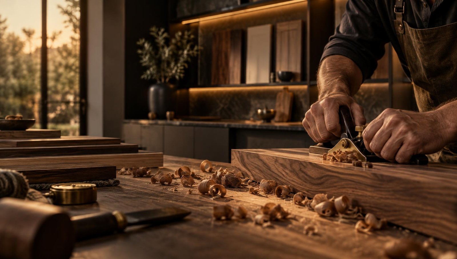 Craftsman hand-planing a walnut panel in the Wood World workshop