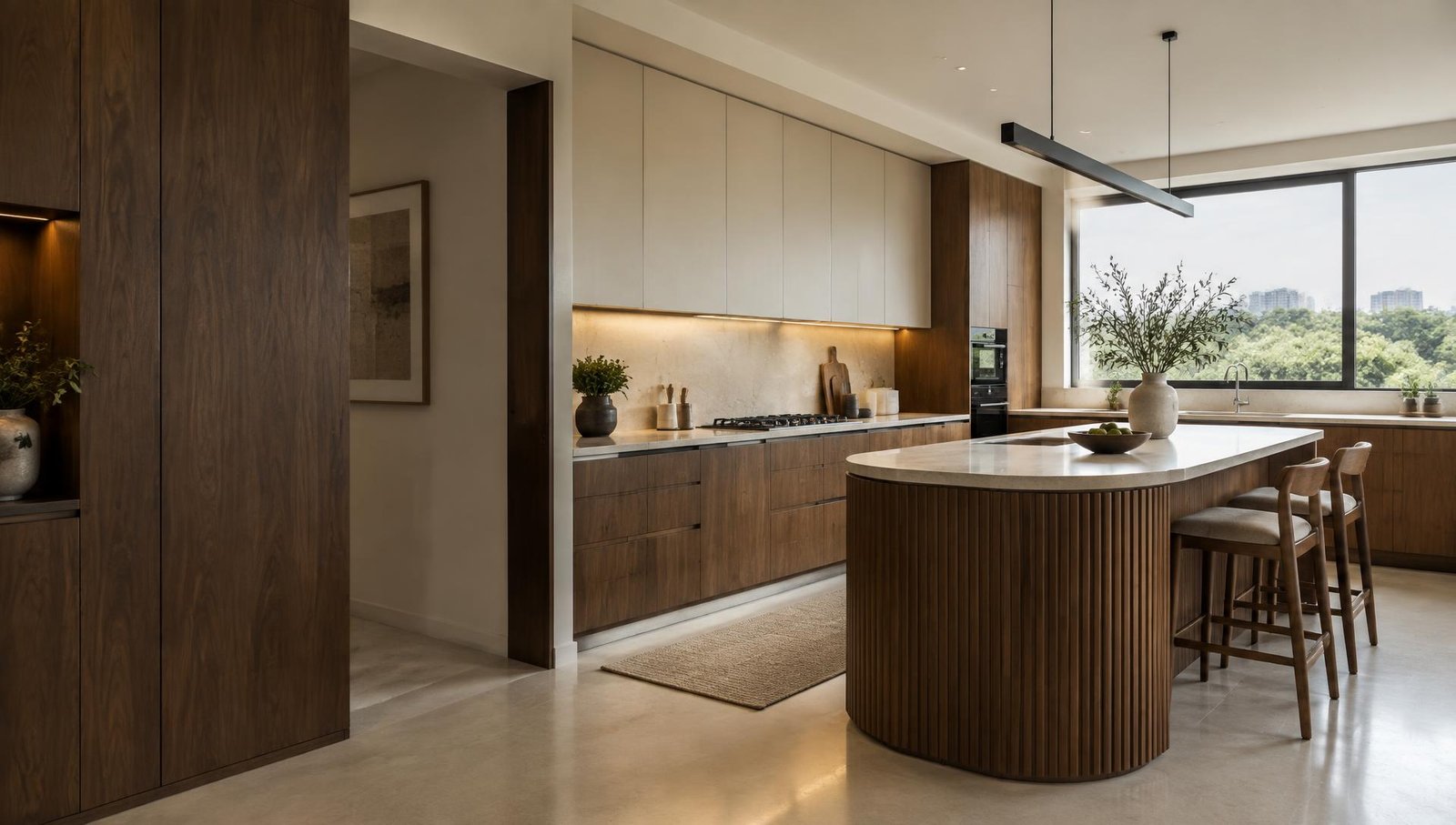 Premium modular kitchen with walnut cabinetry and a quartz island — design inspiration